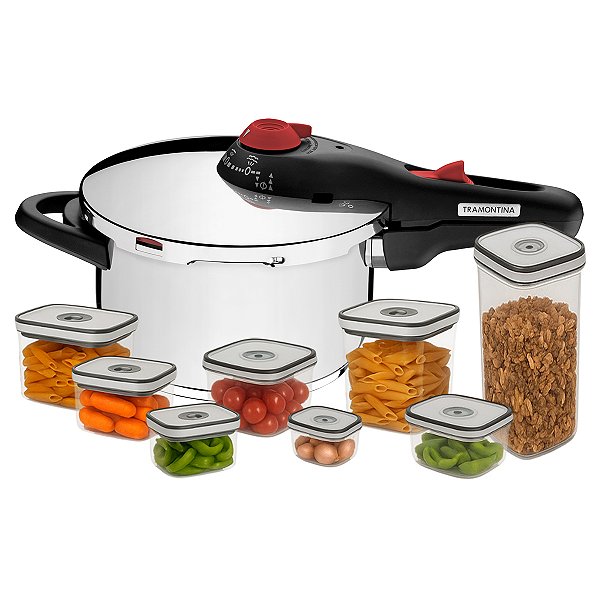 Panela de Pressão Tramontina Solar 4,5 L Aço Inox com Fundo Triplo com Jogo de Potes Herméticos Electrolux