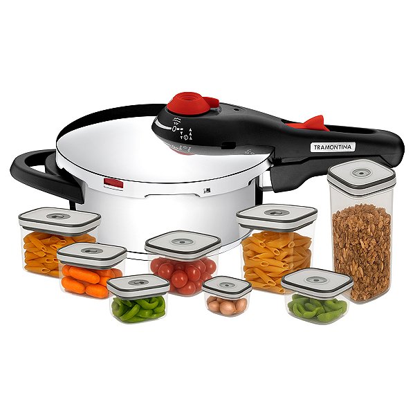 Panela de Pressão 3 Litros Tramontina Solar Aço Inox Fundo Triplo e Jogo de 8 Potes Herméticos Electrolux
