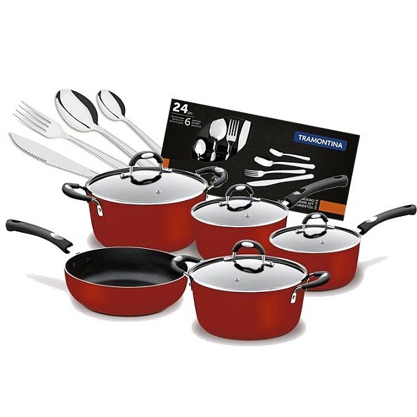 Jogo de Panelas Mônaco Vermelha 5 Peças e Faqueiro Buzios Inox Tramontina
