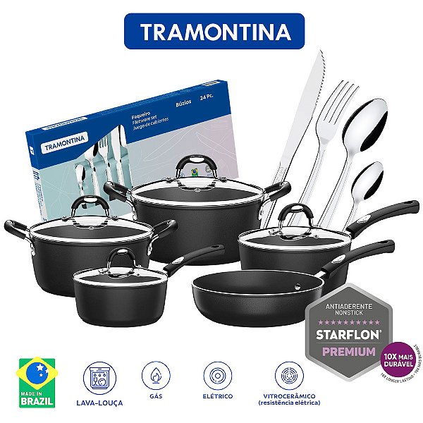 Jogo de Panelas Mônaco Preta 5 Peças e Faqueiro Buzios Inox Tramontina