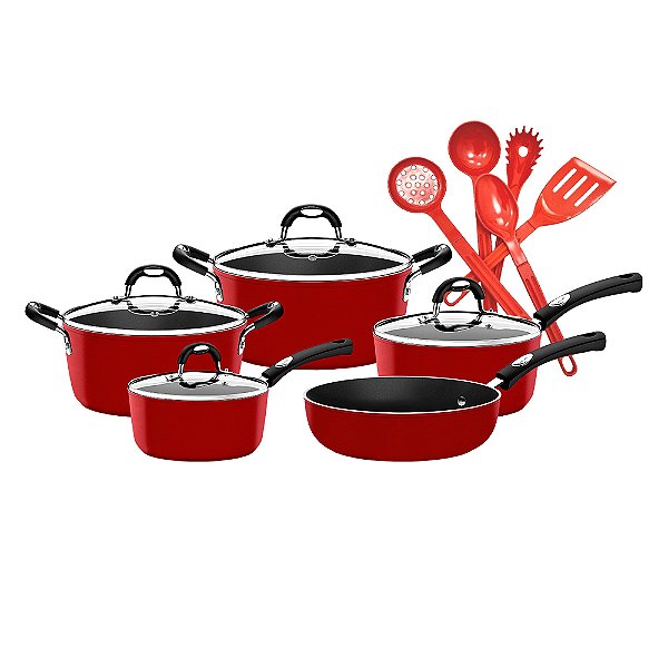 Jogo de Panelas 5 Peças Tramontina Mônaco Antiaderente Vermelho com Jogo de Utensílios de Nylon