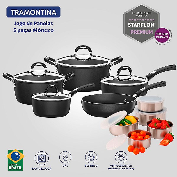 Jogo de Panelas Tramontina Mônaco 5 Peças Preto e 5 Tigelas aço inox com tampa