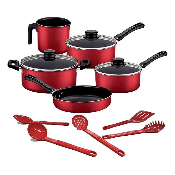 Jogo de Panelas 5 peças Tramontina Caribe Vermelha com Jogo de Utensílios de Nylon