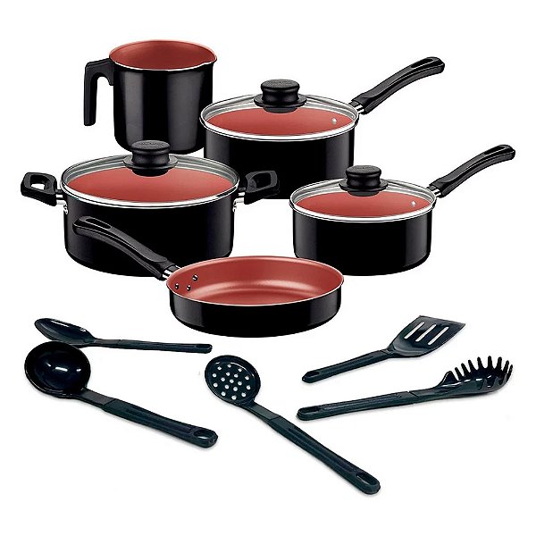 Jogo De Panelas Tramontina Caribe 5 peças Starflon Com Kit de Utensílios Preto