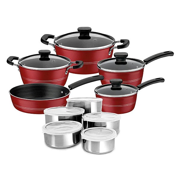 Jogo De Panelas 5 Peças Tramontina Sicília Vermelha com Jogo de Utensílios de Aço Inox