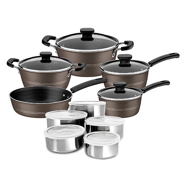 Jogo De Panelas Tramontina Sicília 5 Peças Avelã E Jogo de Potes Inox