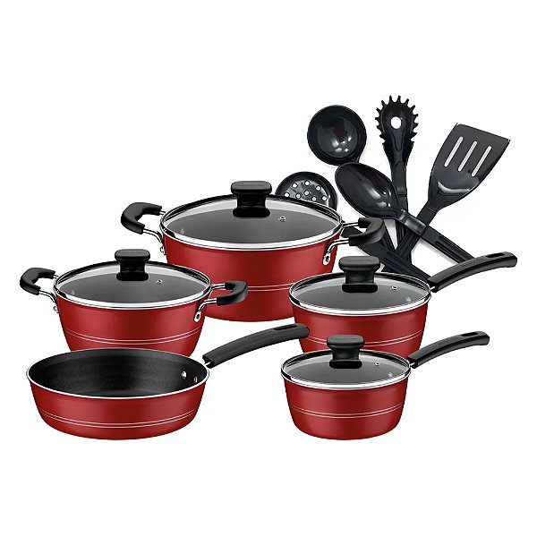 Jogo De Panelas Tramontina Sicília Vermelha Com Kit de Utensílios Preto