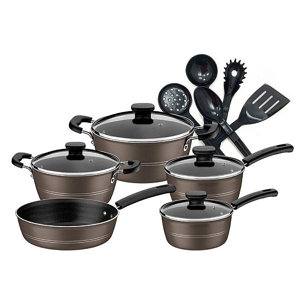 Jogo De Panelas 5 Peças Tramontina Sicília Avelã com Jogo de Utensílios Preto