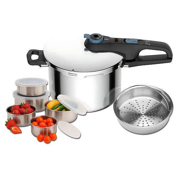Panela De Pressão Rochedo 6L Inox Trendy Indução Fechamento Externo com Jogo de Potes em Aço Inox