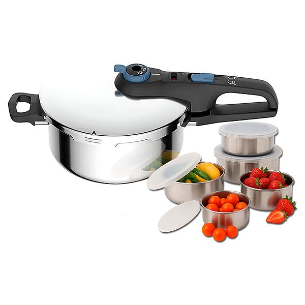 Panela De Pressão Rochedo 4L Inox Trendy Indução Fechamento Externo e Jogo de Potes em Aço Inox