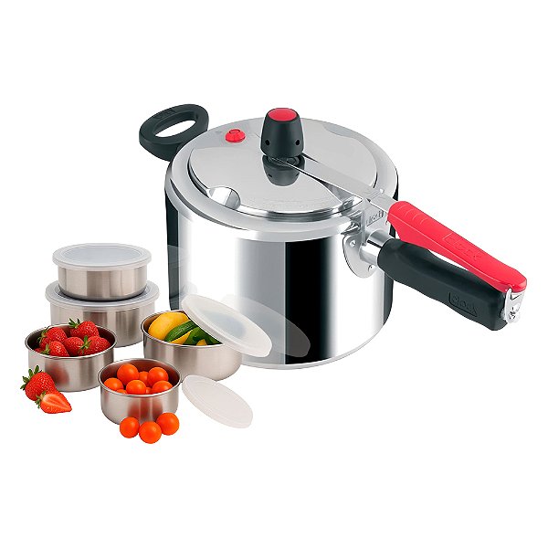 Panela de Pressão 4,5L Clock Eco Polida em Alumínio Polido com Jogo de Potes em Aço Inox