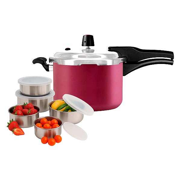 Panela Pressão 4,5L Magnific Cereja Panelux com Jogo de Potes de Inox