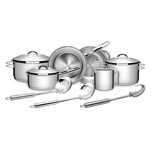 Jogo de Panelas Indução Tramontina Solar em Aço Inox com Utensílios em Inox 3 Peças