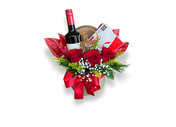Box Premium Especial Te Amo com 3 Rosas Vermelhas, Vinho Tinto e Chocolates