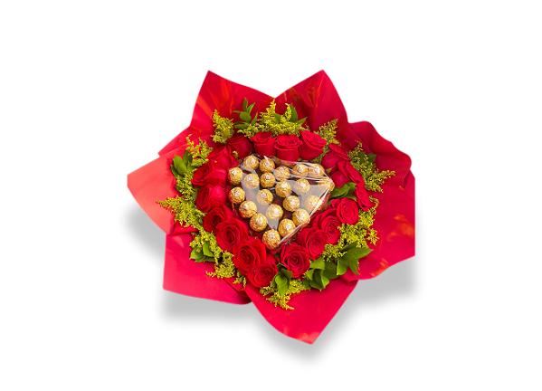 Buquê 18 Rosas Vermelhas com Ferrero Rocher em Coração