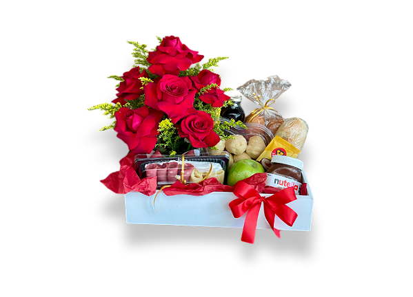 Cesta de Café da Manhã com Rosas Vermelhas e Itens Especiais