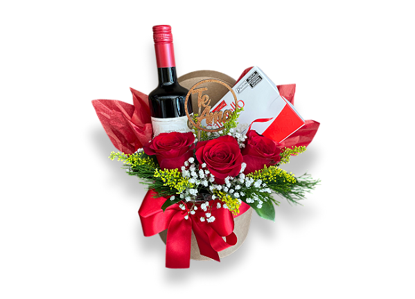 Box com Rosas, Vinho e Chocolate