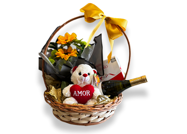 Cesta com Girassol, Urso, Chocolate e Vinho