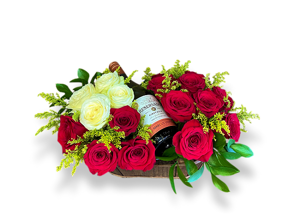 Cesta com Rosas e Vinho