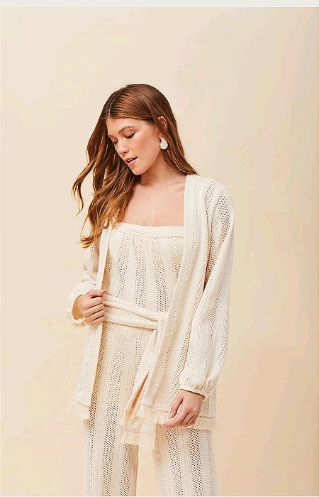 CASACO CARDIGAN VOAR EM TRICOT RENDADO OFF WHITE FEMININO