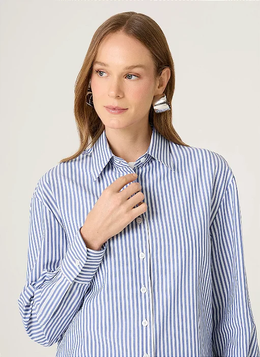 CAMISA MANGA LONGA SPECIAL FIT FEMININA LISTRADA AZUL MÉDIO
