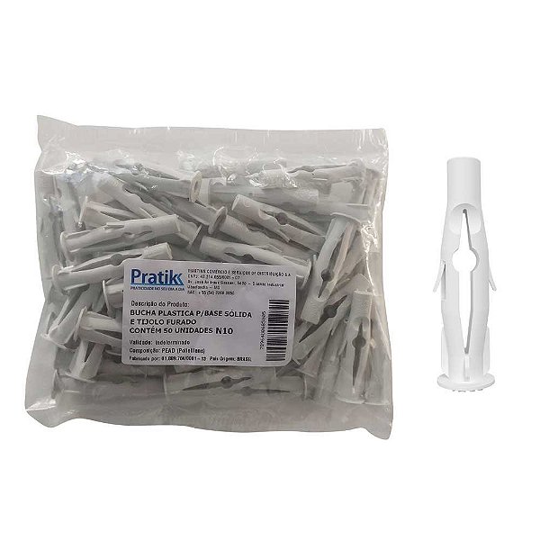 Bucha Plástica Pratik N10 Base Sólida 50 Unidades