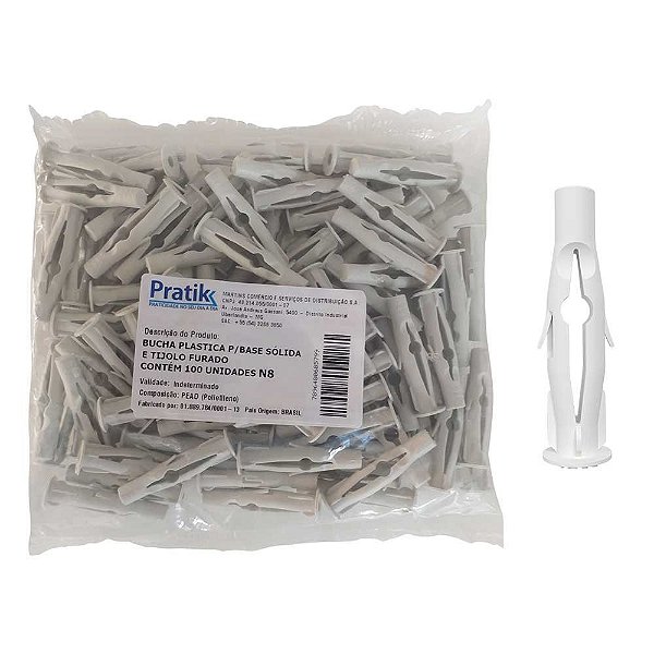 Bucha Plástica Pratik N8 para Tijolo Furado 100un