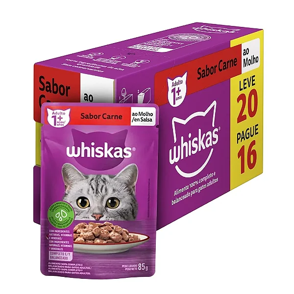 Ração Whiskas Sachê Carne ao Molho Leve 20 Pague 16 85g - Embalagem com 20 unidades