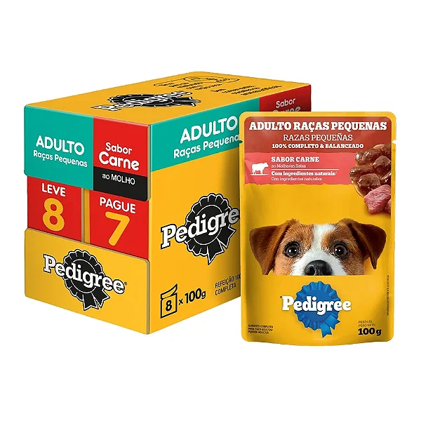 RACAO PEDIGREE RACAS PEQUENAS CARNE AO MOLHO 8X100G LEVE 8 PAGUE 7