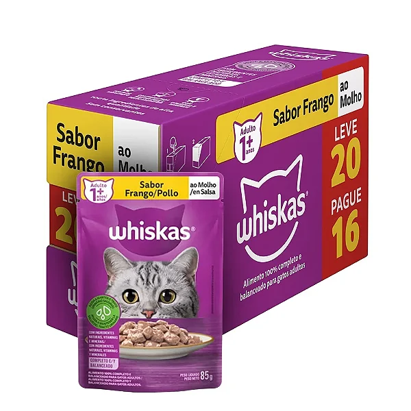 Ração Whiskas Sachê Frango ao Molho 85g - Leve 20 Pague 16