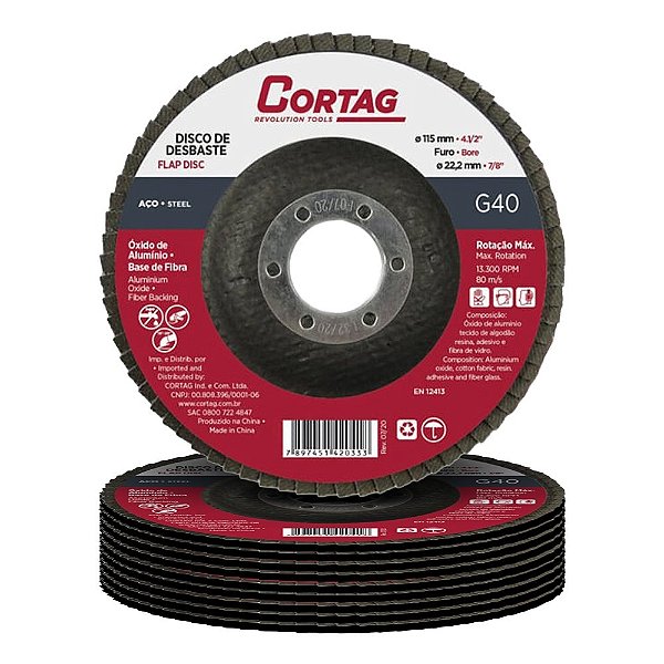 Discos Flap Cortag 115mm 4.1/2" G40 - Furo 22,22mm Óxido de Alumínio Fibra