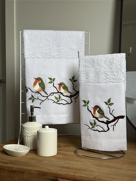 CONJUNTO TOALHA DE MÃO E ROSTO PÁSSARO LARANJA - LINHO BRANCO