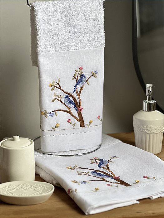 CONJUNTO TOALHA DE MÃO E ROSTO PASSAROS AZUIS