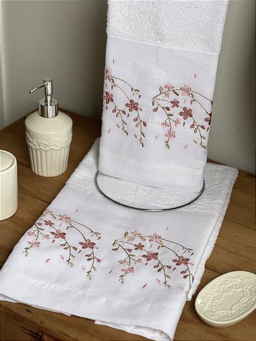 CONJUNTO TOALHA DE MÃO E ROSTO FLORES ROSA