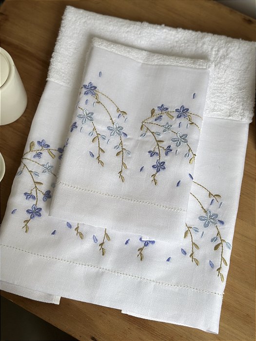 CONJUNTO TOALHA DE MÃO E ROSTO FLORES AZUIS