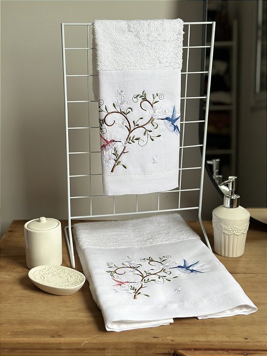 CONJUNTO TOALHA DE MÃO E ROSTO BEIJA FLOR - LINHO BRANCO