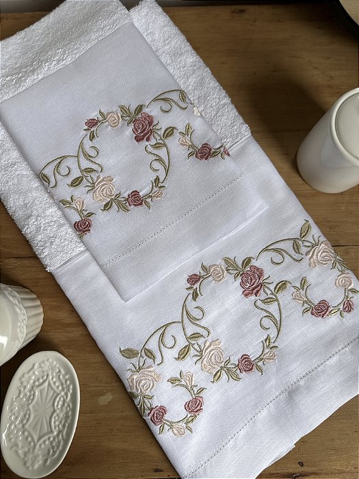 CONJUNTO TOALHA DE MÃO E ROSTO GUIRLANDA ROSAS