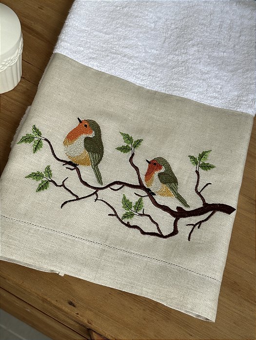 TOALHA DE ROSTO PASSARO LARANJA - LINHO BEGE