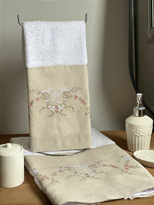 TOALHA DE MÃO FLORES LAÇO - LINHO BEGE