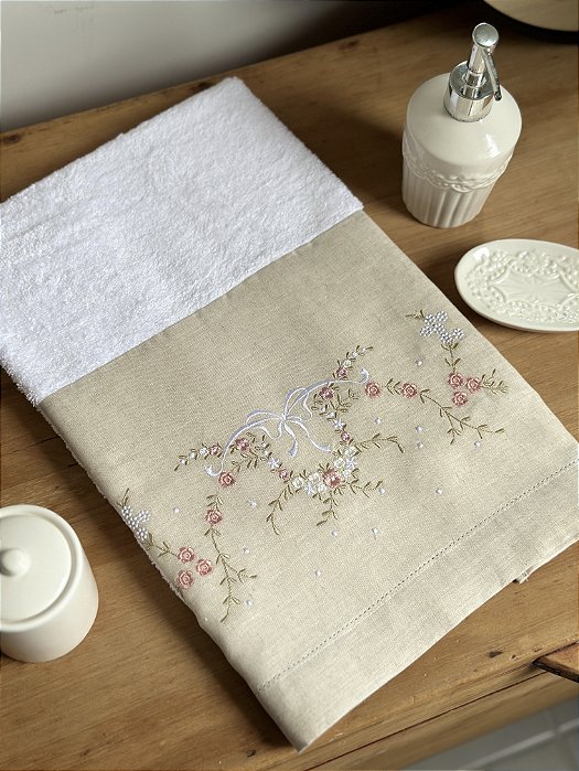 TOALHA DE ROSTO FLORES LAÇO - LINHO BEGE