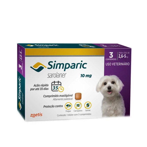 Antipulgas Simparic 10mg Para Cães 2,6 a 5kg 3 comprimidos