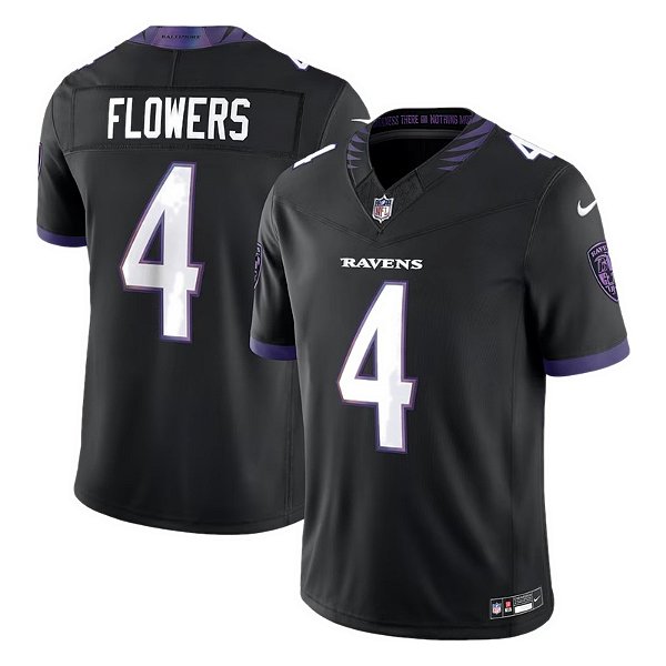 Jersey NFL Baltimore Ravens Zay Flowers 4 Nike Modelo 2026 Masculina Preta Adulto e Infantil Fuse