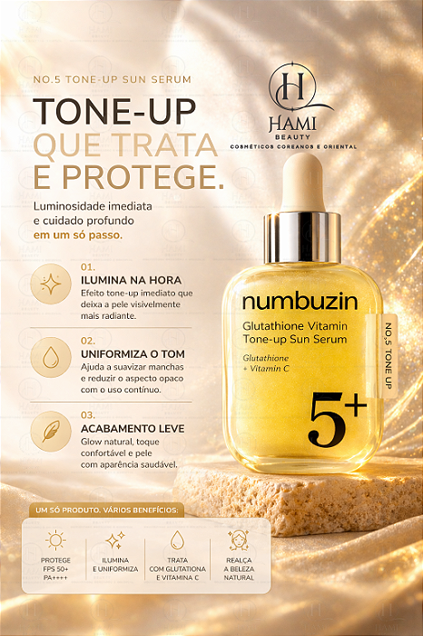 Numbuzin No.5+ Glutathione Vitamin Tone-Up Sun Serum  Protetor Solar  Coreano Iluminador com Efeito Tone-Up (Glutathione + Vitamina C) - Loja  Hami Beauty Cosmeticos Coreanos