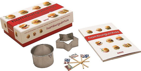 Livro Hamburguinhos - 1  com 32 receitas + 2 cortadores, redondo e em formato de estrela, + 20 palitos de bambu