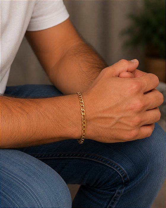 Pulseira Masc 3x1 Dourada Aço 21cm