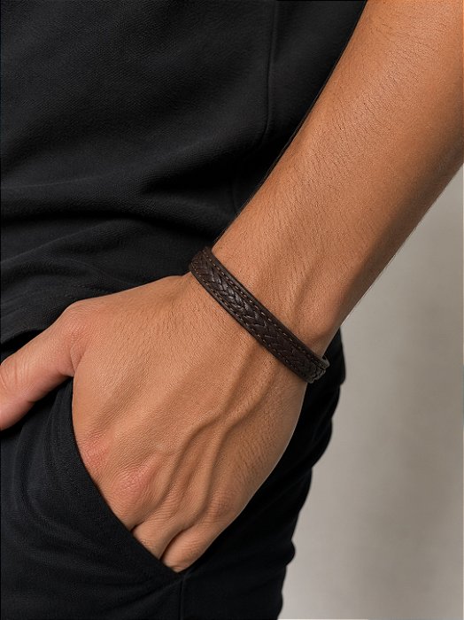Pulseira Marrom Couro Sintético Aço Inox 19cm