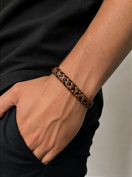 Pulseira Bicolor Couro Sintético Aço Inox 20cm