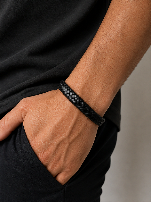 Pulseira Preta Couro Sintético Aço Inox 20cm