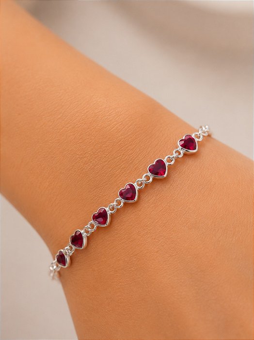 Pulseira Coração Vermelho Ello Prata 18,5cm