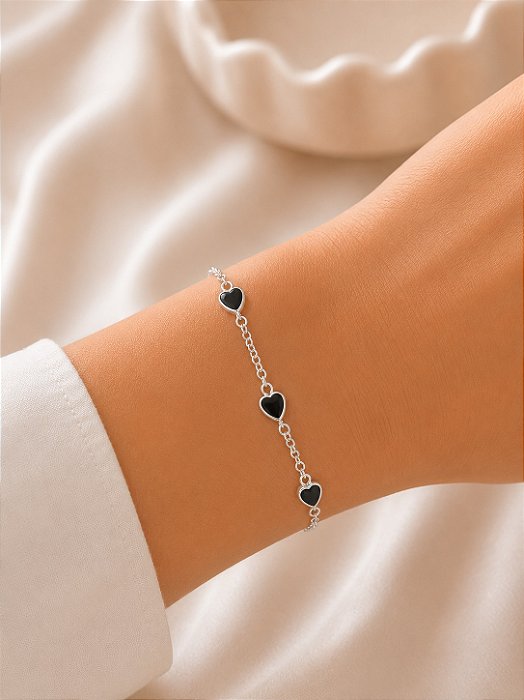 Pulseira Coração Preto em Prata 18cm